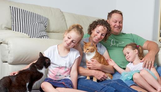 A family of four, with two cats, sitting on a lounge room floor enjoying each-other's company.