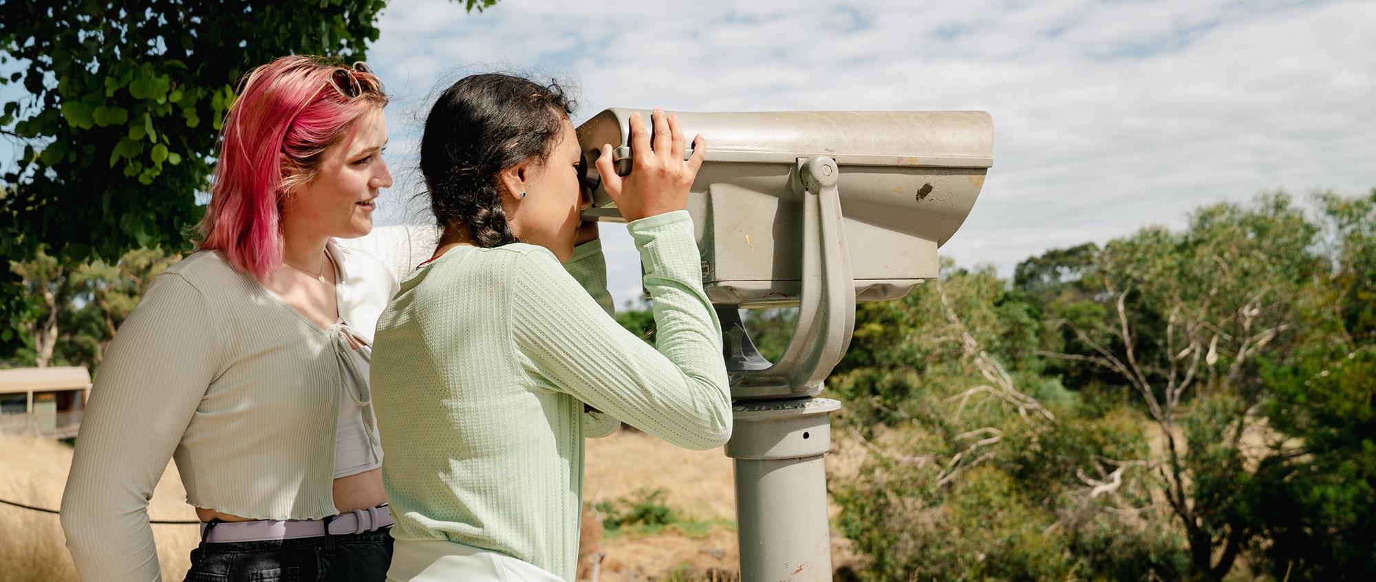 Two guests at a binocular view-post, with one looking through it toward shrubbery to the right.
